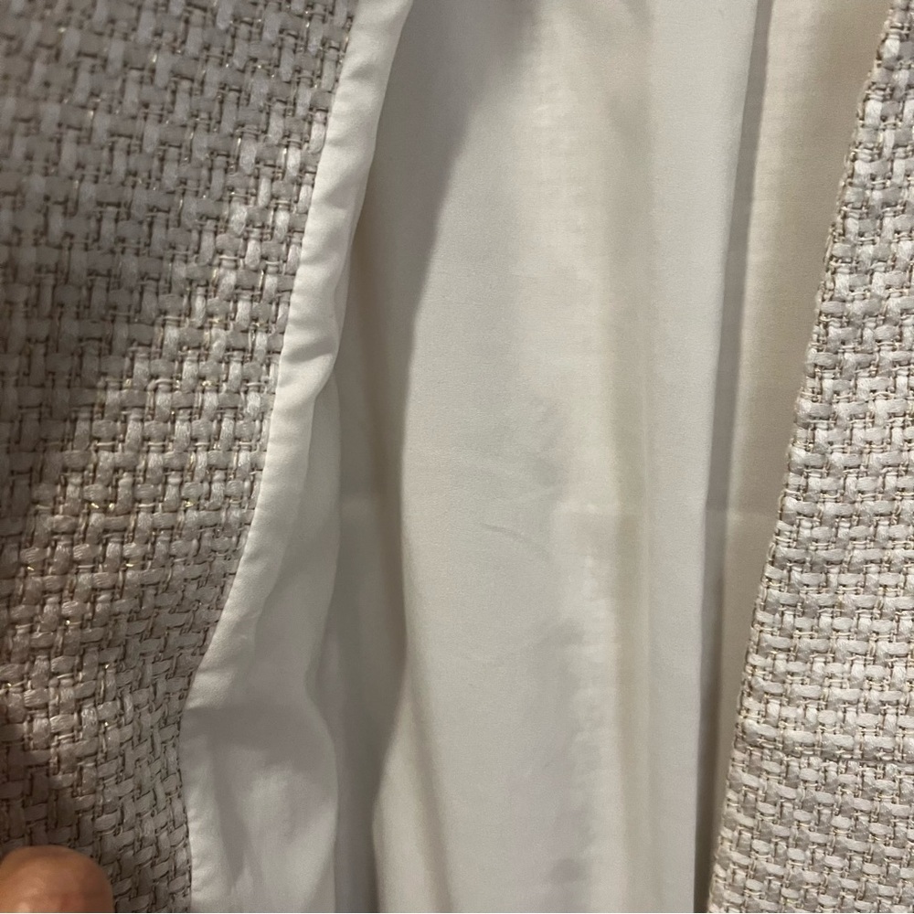 Chico’s Textured Embellished Trim Cream and Gold Open Front jacket size large - Picture 5 of 11